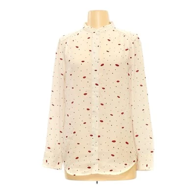 Faded Glory Womens Small White Blouse Lips Print Button Up Semi Sheer Relaxed - Image 1 of 2