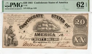 T-18 PF-22 1861 $20 Confederate Paper Money - PMG Uncirculated 62 EPQ - Picture 1 of 2