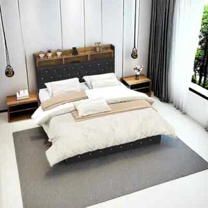 Floating Bed Frame Queen Upholstered Platform with RGB LED Lights & Headboard - Picture 1 of 7