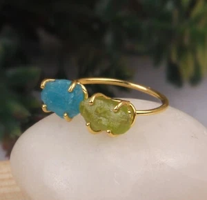 Rough Apatite and Peridot 18k Gold Plated Ring Sterling Silver Adjustable Ring - Picture 1 of 5