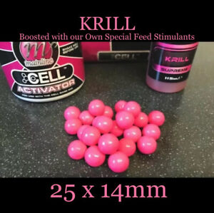 Mainline Cell Pop Ups Boilies carp bait 25 x 14mm Pink Soaked In Korda Goo Krill