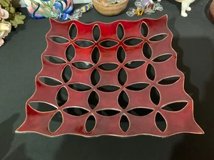 Large Recycled Aluminium Dish Silver Red Enamel Fruit Bowl Decor - Picture 1 of 13