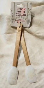 Cook With Color 2 Piece Mini Spatula Set White Silicone Wood Brown Handle NEW - Picture 1 of 9