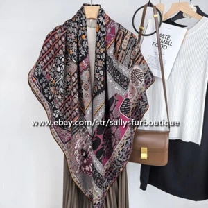 Sallys 70% Cashmere 30% Silk Paisley Print Double Face Shawl Wrap Scarf 135cm - Picture 1 of 12