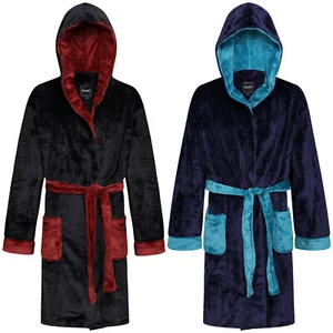 New Mens Dressing Gown Hooded Luxury Bath Robe Super Soft Warm Fleece Housecoat - Picture 1 of 13