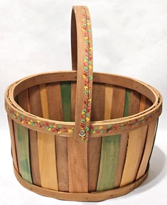 Vintage Staved Wood Apple Fruit BASKET Hand Painted Trim & Handle Rainbow Slats - Picture 1 of 14