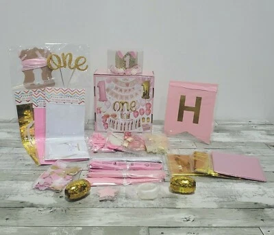 1st Birthday Party Decoration Kit - Girl Pink - Crown Balloons Garland Banners - Image 1 of 4