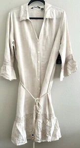 Mlle Gabrielle Peasant Midi Dress Boho Collared Crochet Light Beige Plus 1X NEW - Picture 1 of 4