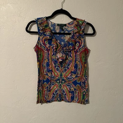 Blusa feminina Ralph Lauren PXS paisley sem mangas babado gola V boho estampa vibrante - Imagem 1 de 4