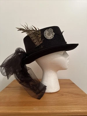 Steampunk Costume | Steampunk Black Hat Gold Gear & Feathers Tulle Bow - Image 1 of 4