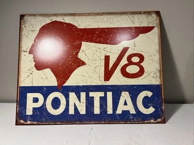 PONTIAC V8 Licensed Tin Metal Sign 12”x16” Vintage Distressed Look - Image 1 of 2