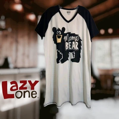 Lazy One Mama Bear V-neck Pajama Night Shirt Dress Cotton Cream & Black L/XL NEW - Image 1 of 4
