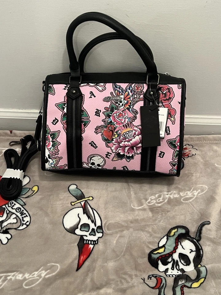 Ed Hardy Tattoo Women’s Skull & Roses Print Pink Satchel Crossbody Shoulder Bag - Image 1 of 4