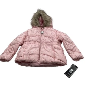 R 1881 Girls Pink Puffer Jacket 3T Faux Fur Hood Winter Starburst Print - Picture 1 of 17