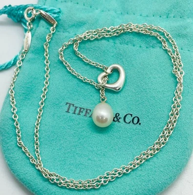 Tiffany & Co Elsa Peretti Open Heart Pearl Larial Sterling Silver Necklace 18" - Image 1 of 4