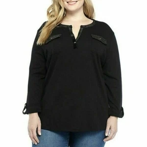 Kim Rogers Black Velvet Trim Split Neck Long Sleeve Jersey Top Plus Size 1X NWT - Picture 1 of 8