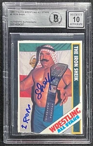 IRON SHEIK SIGNED 1985 O'QUINN WRESTLING ALL STARS #5 BECKETT AUTO GRADE 10 - Picture 1 of 2
