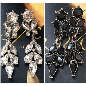 5cm long AUSTRIAN CRYSTAL EARRINGS glass rhinestone JET/SILVER/VINTAGE GOLD TONE - Picture 1 of 10