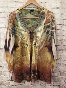 New Directions Top Womens 2X Tunic Rust Floral Beaded V Neck Plus Stretch Flowy - Picture 1 of 11