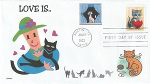 LOVE IS - CUTE CARTOON LADY WITH BLACK CAT      FDC- DWc CACHET - Picture 1 of 1