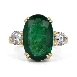 8.39tcw Dark Green Oval Emerald & Round Diamond Double Prong Engagement Ring 14K - Picture 1 of 10