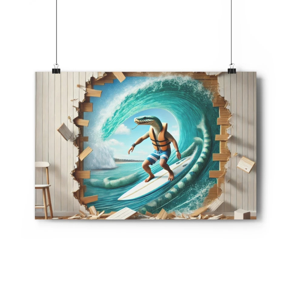 Giclée Art Print Featuring a Snake-Headed Surfer Riding a Wave  - Image 1 of 1