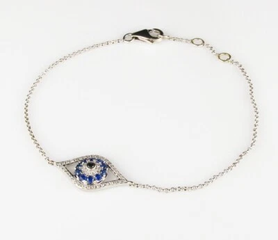 EFFY SIGNED NATURAL BLUE SAPPHIRE DIAMOND SOLID 14K WHITE GOLD EVIL EYE BRACELET - Image 1 of 4