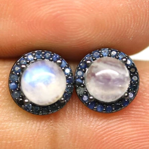 925 Sterling Silver 6 mm. Blue Rainbow Moonstone & Sapphire Earrings - Picture 1 of 4