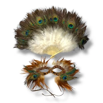 Abanico grande y máscara facial vintage de pluma de pavo real Mardi Gras festivales de Halloween Foto 1 de 4