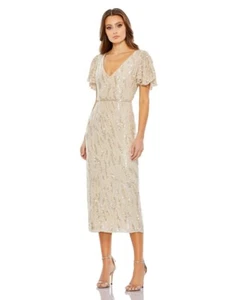 Mac Duggal 93591 Sequined V Neck Flutter Sleeve Tea Length Dress Size 12 - Picture 1 of 6