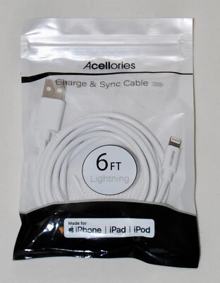 New Acellories White USB Male to 8-Pin Male Charging & Sync Cable 6ft Long - Image 1 of 4