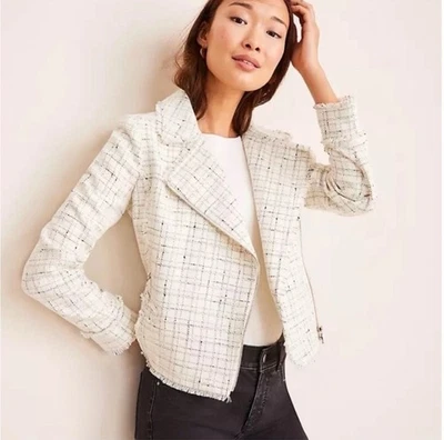 Chaqueta Moto Ann Taylor Fringe Tweed Marfil Crema Cuadros OTOÑO TALLA 10 MEDIANA NUEVA CON ETIQUETAS Foto 1 de 4