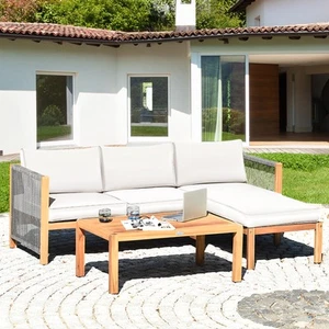 3PCS Acacia Wood Sofa Cushioned Furniture Set w/Nylon Armrest Outdoor - Picture 1 of 6
