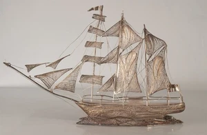 Vtg French Solid Silver Filigree Sailboat Decorative Nautical Collectible 20th C - Picture 1 of 5