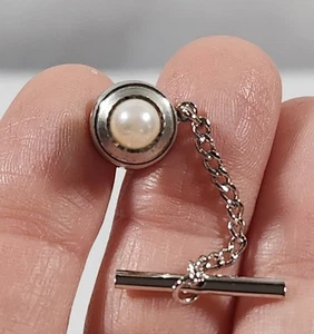 Vintage Genuine Pearl Silver Tone Tie Tack/Pin - Picture 1 of 3