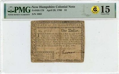 1780 April 29, $1 New Hampshire Colonial FR#NH-179 PMG F15 GCC Gold Uncancelled - Image 1 of 2