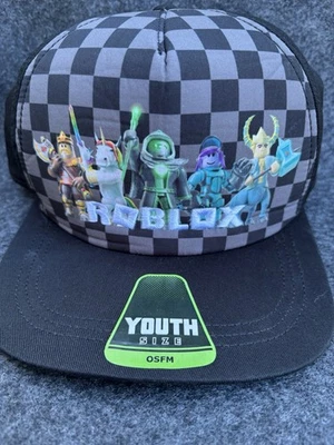 Roblox Youth 平沿帽玩家帽子黑色灰色方格图形全新带标签 — 第 1/4 张图片