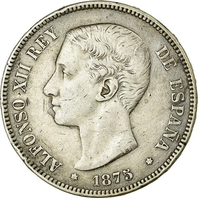 [#21672] Coin, Spain, Alfonso XII, 5 Pesetas, 1875, AU(50-53), Silver, KM:671 - Image 1 of 2
