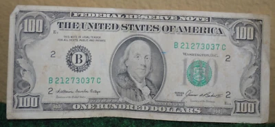 1985 One Hundred Dollar Bill Serial #21273037 So-So 73.4% $100.00 - Image 1 of 4