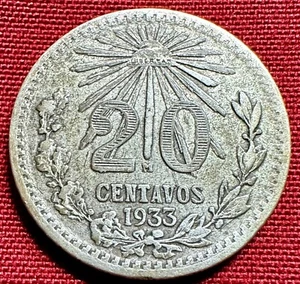 1933 Mexico 20 Centavos - Repunched Error 1933/3 - .720 SILVER - KM#438 - Rare - Picture 1 of 5