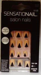 1 Box SENSATIONAL Salon Nails 28 Short Glue-on Beige & Black Geometric #72146 - Picture 1 of 1