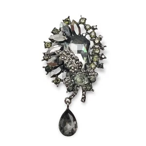 Smoky Crystal Green Hematite Rhinestone Floral Spray Dangle Brooch Pin - Picture 1 of 7