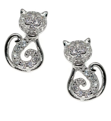 orecchini argento 925 gatto zircone bianco micio gattino stilizzato contrariè - Immagine 1 di 4