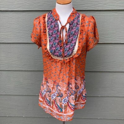 Camisa túnica 6 Six Degrees para mujer talla M naranja cachemir semi transparente volantes cuerdas Foto 1 de 4