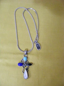 VINTAGE STERLING CROSS PENDANT TURQUOISE LAPIS MOP ONYX ARTIST MADE 21 GRAM 925 - Picture 1 of 8