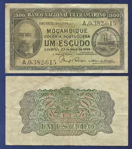 MOZAMBIQUE 1 ESCUDO 1944 VERY FINE PREFIX A - Picture 1 of 1
