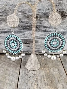 Faux Turquoise Earrings dangle chandelier western medallion concho silvertone  - Picture 1 of 8