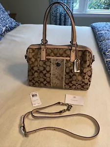COACH KHAKI SIGNATURE PYTHON STRIPE SATCHEL 27364 HANDBAG SHOULDER PURSE BAG - Picture 1 of 13