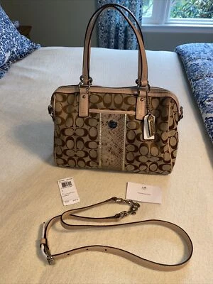 COACH KHAKI SIGNATURE PYTHON STRIPE SATCHEL 27364 HANDBAG SHOULDER PURSE BAG - Image 1 of 4