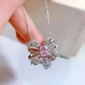 2Ct Radiant Cut Lab Created Pink Sapphire Bow Knot Pendant 14K White Gold Plated - Picture 1 of 6
